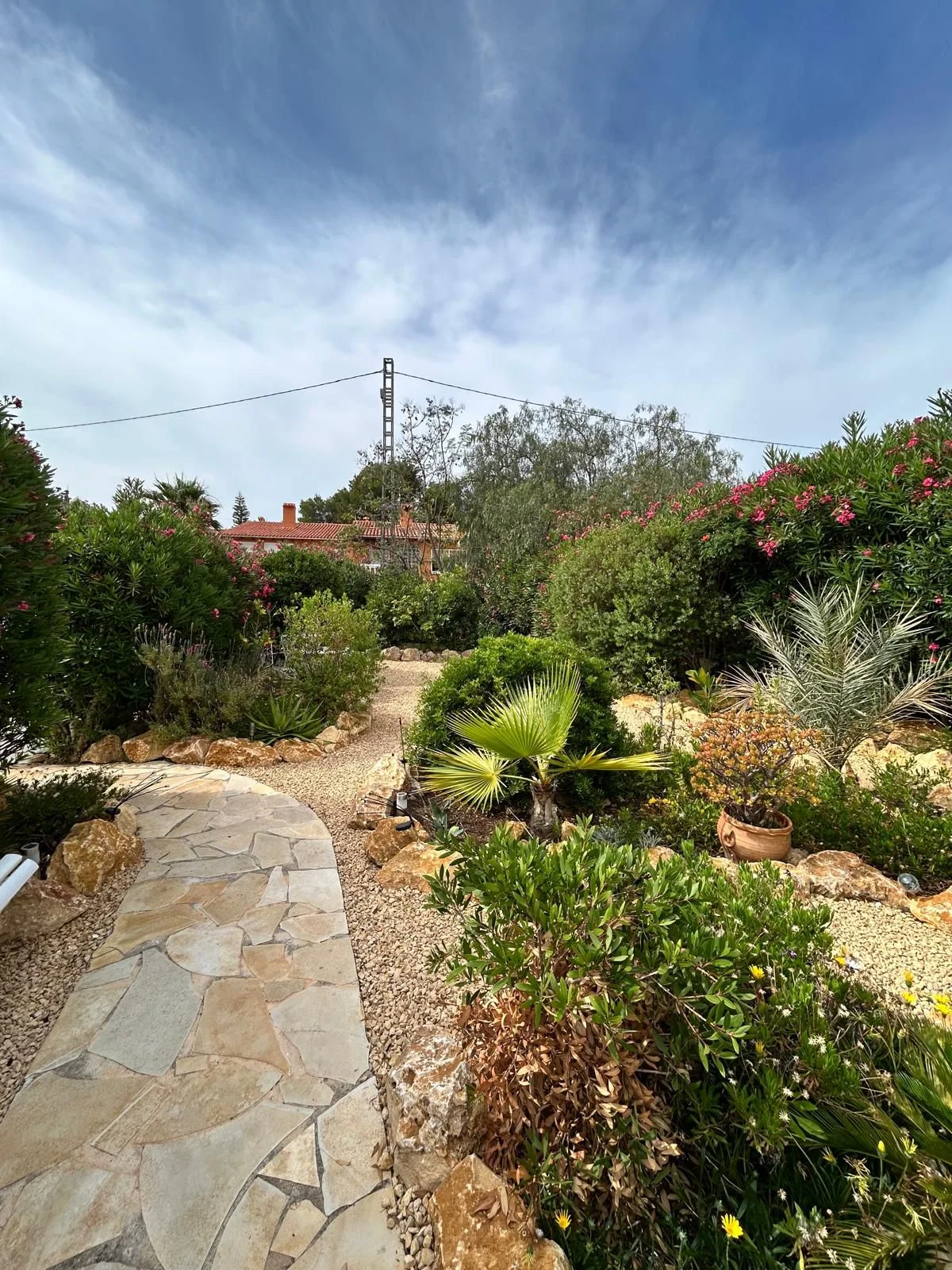 Sfeervol verlicht tuinpad in de avond